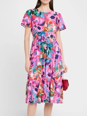 Johnny Was Tiered Floral Print Cotton Midi Dress Large NEW